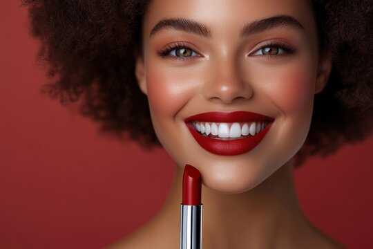 Smiling woman with bold red lips showcasing lipstick in a vibrant studio setting during the afternoon