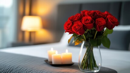 Obraz premium Romantic setting with red roses and candles on a bedside table in a cozy bedroom during the evening ambiance