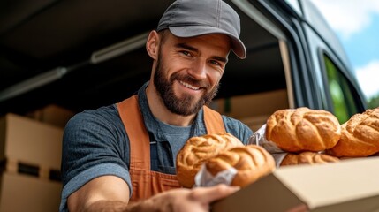 Baker delivering freshly baked bread in a delivery van during the morning hours capturing smiles and community spirit