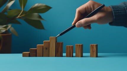 A hand adjusts wooden blocks arranged in a bar graph, symbolizing growth and progress.