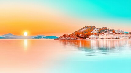 Obraz premium Serene Coastal Sunrise Over Calm Waters and Scenic Resort on an Island Landscape