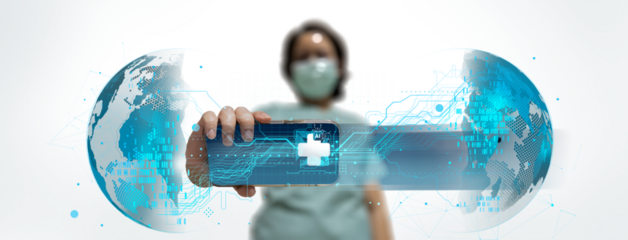 Medical professional uses smartphone, Ai world futuristic medical icons surrounding, isolated on white background. Concept of healthcare technology. 3D Rendering