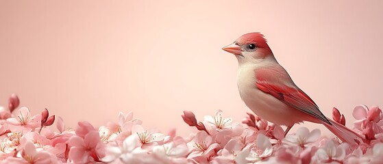 Pink bird on pink flowers.