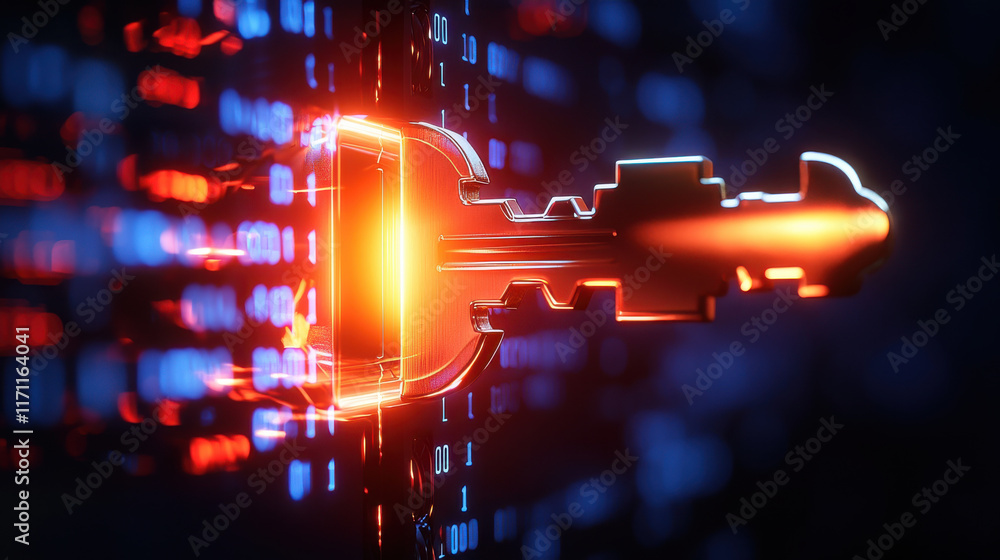 Aufkleber Unlocking digital safe with glowing key amidst binary code, symbolizing security and technology. This represents fusion of digital security and innovation