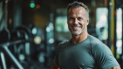 Obraz premium Portrait of happy senior male in gym after walkout training.