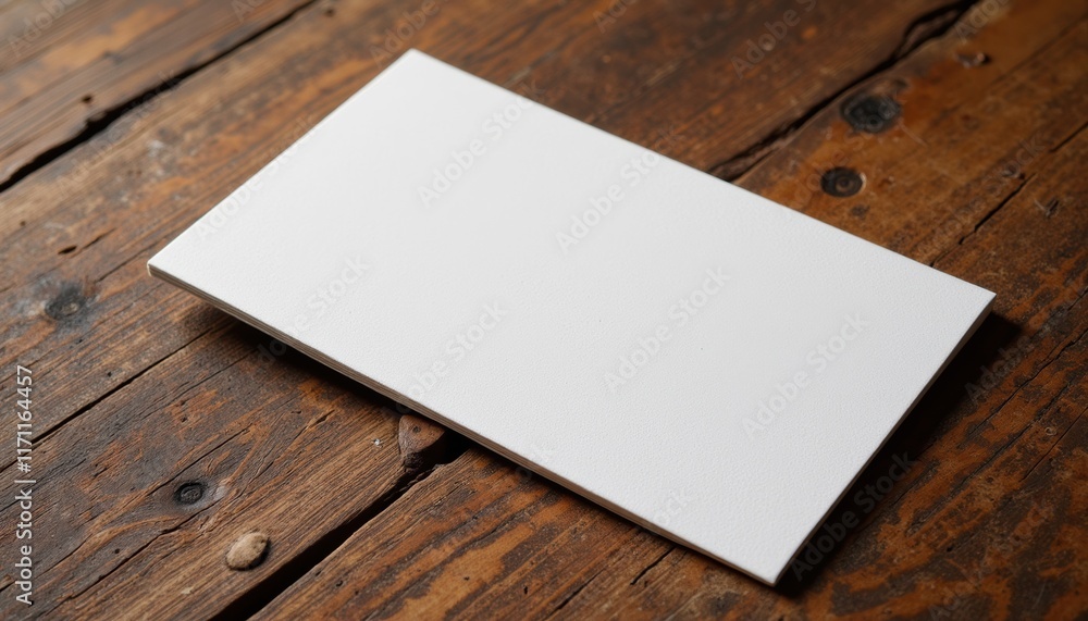 Poster business card mockup on an aged wooden surface, soft shadows creating depth, simple and elegant comp