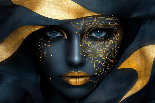 A futuristic Klimt-inspired portrait of a cyborg, with golden circuitry patterns blending into geometric mosaic designs