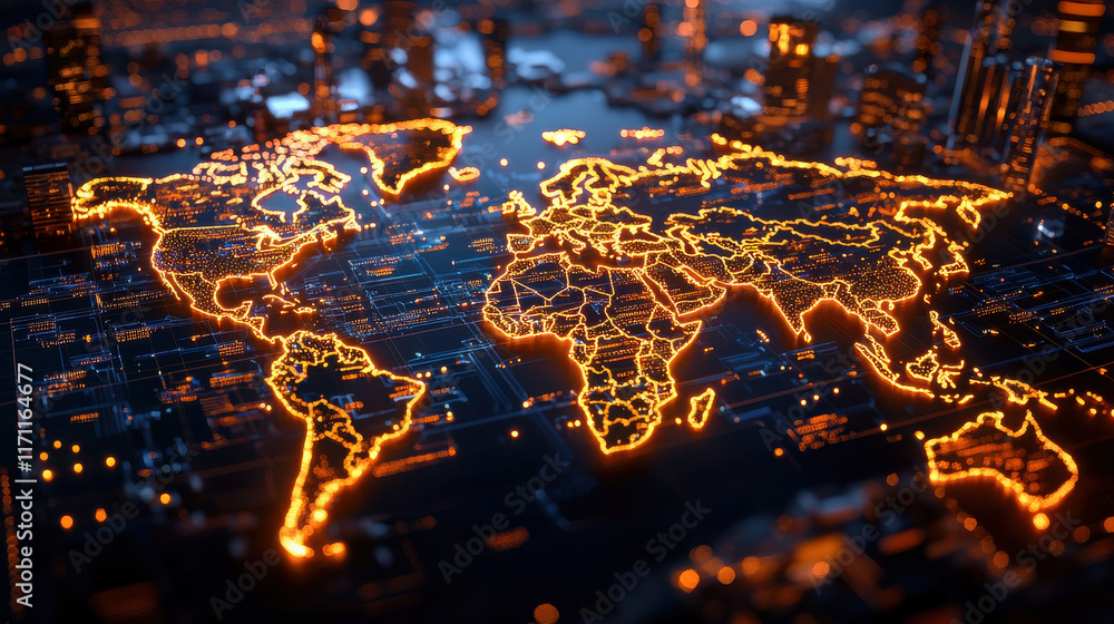 Poster digital world map with highlighted countries, glowing in orange, showcases futuristic design. intric