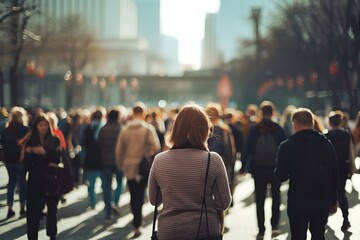 Fototapeta premium blurred photo Crowd of unknown people on the street on sunny morning.