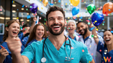 Celebrating medical researchers with joy, confetti, and colorful balloons. diverse group of healthcare professionals expresses happiness and teamwork in vibrant setting