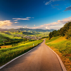Naklejka premium Cycling mountain pass above the town and the surrounding fields
