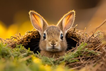 Fototapeta premium A young joey poking its head out of a pouch, surrounded by vibrant green grass and sunlight