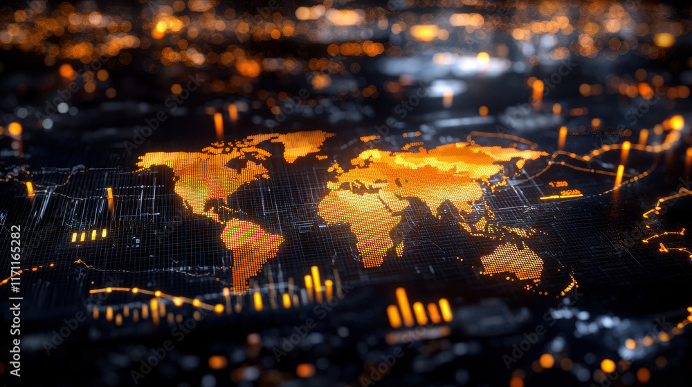 Fototapete dynamic digital display showcasing global economic trends with world map illuminated orange. backgro
