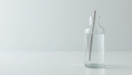 Mockup of a bottle with a straw and clear liquid inside, subtle reflections on the glass with minimalist presentation