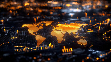 dynamic digital display showcasing global economic trends with world map illuminated orange. background features data visualizations and glowing elements, creating modern and engaging atmosphere