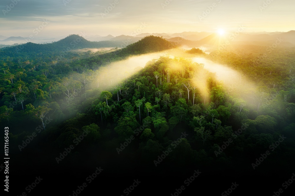 Poster An aerial view of a sprawling jungle canopy, with patches of sunlight creating a mosaic of light and shadow