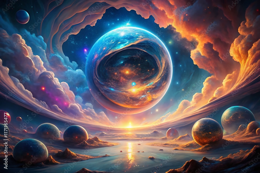 Poster surreal dreamscape: ethereal orb and celestial pathways