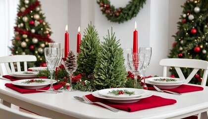 Festive Christmas table setting with candles, miniature trees, and red decorations.
