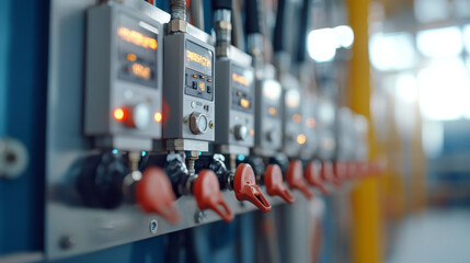 Oil rig petroleum logistics concept. Close up of electrical systems with gauges and valves in industrial setting