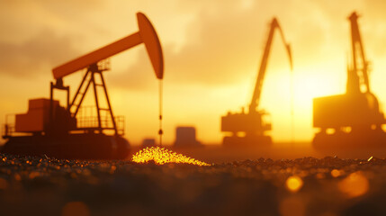Fototapeta premium Oil rig petroleum logistics concept. Oil rigs silhouetted against sunset, showcasing petroleum extraction
