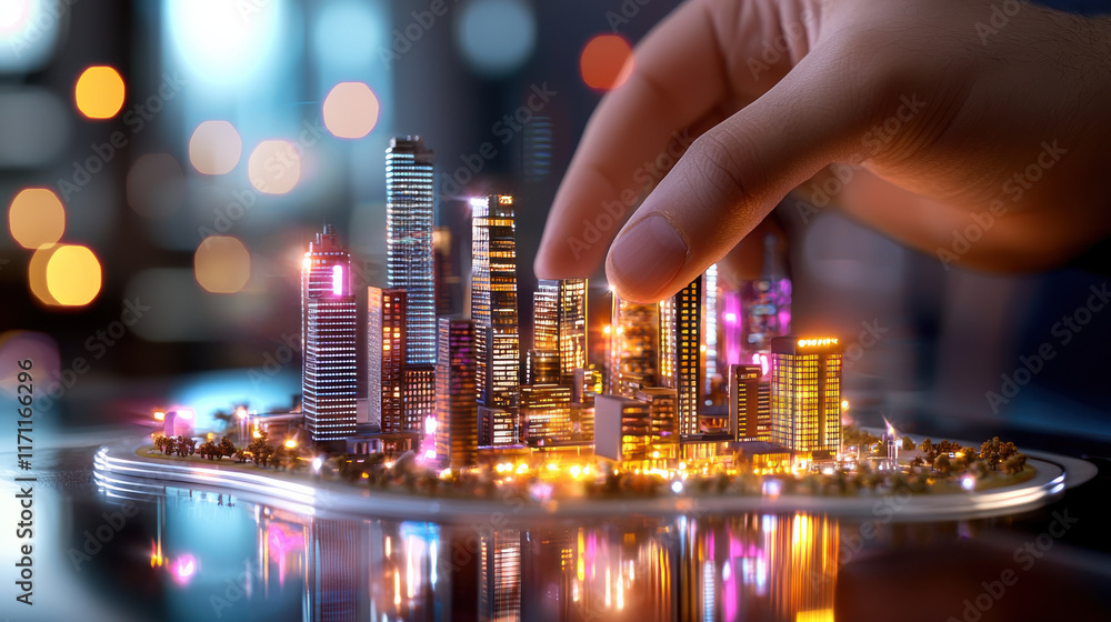 Aufkleber hand interacting with miniature futuristic city model, showcasing vibrant lights and intricate archi