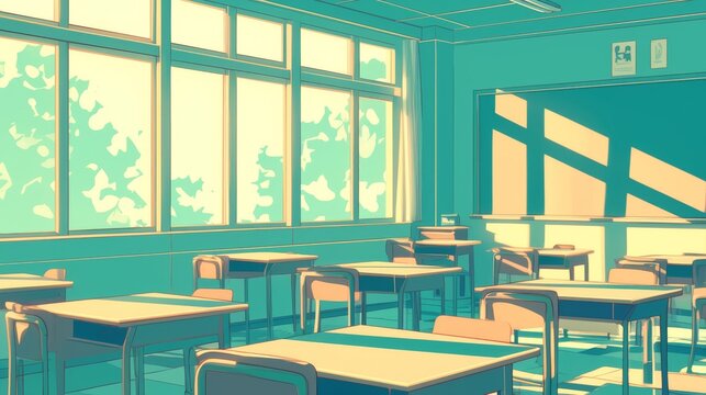 Empty school desks arranged in classroom with sunlight streaming through large windows