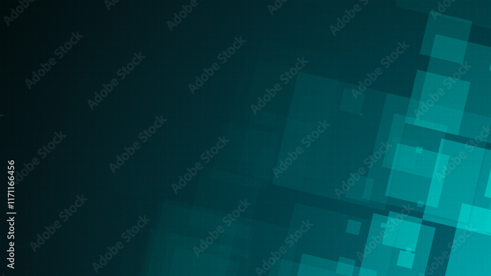Poster blue square shapes are moving from the bottom right of a gradient grid abstract background, horizont