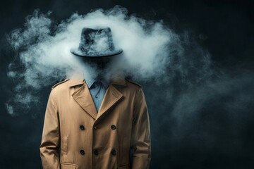 A gothic-themed khaki trench coat with dark, dramatic lighting, accented by a shadowy background and eerie atmosphere