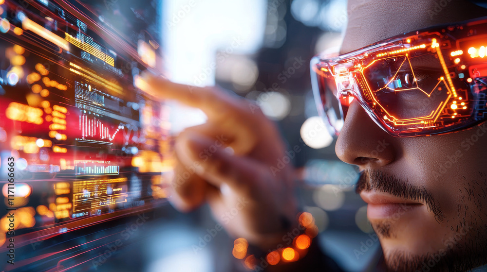 Fototapete futuristic man wearing glowing glasses interacting with digital interface, showcasing advanced techn