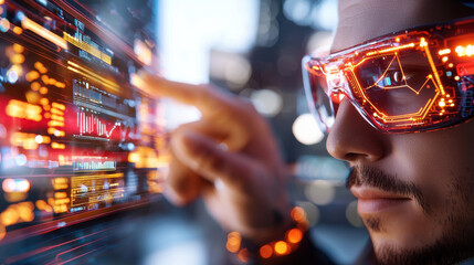 Futuristic man wearing glowing glasses interacting with digital interface, showcasing advanced technology and data visualization in modern urban setting