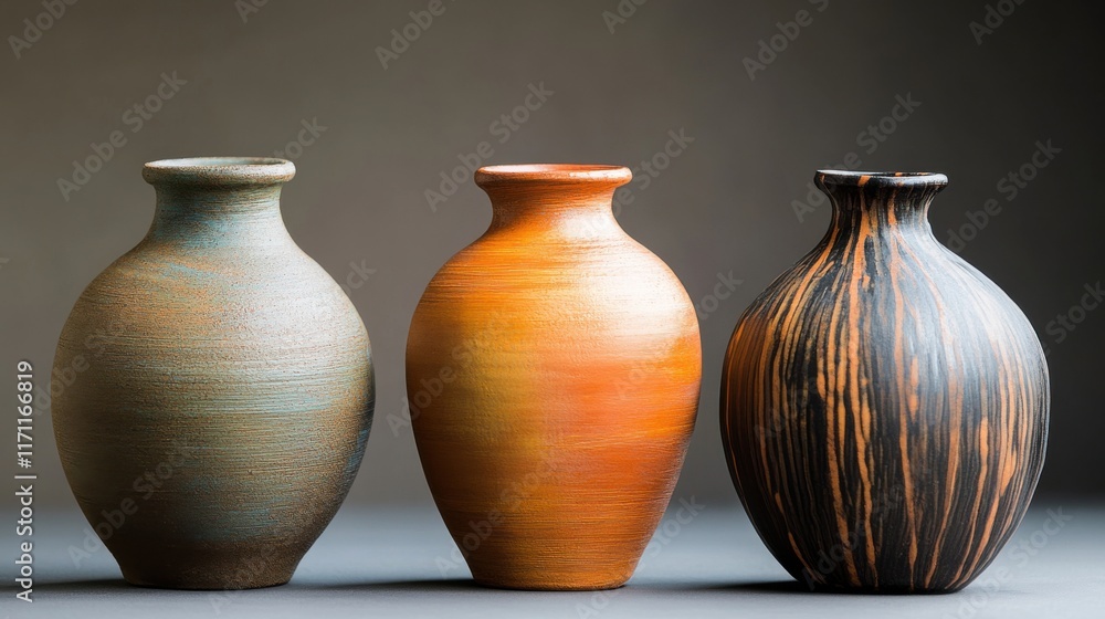 Poster handcrafted pottery vases in varying colors and textures showcase traditional artisan techniques in 