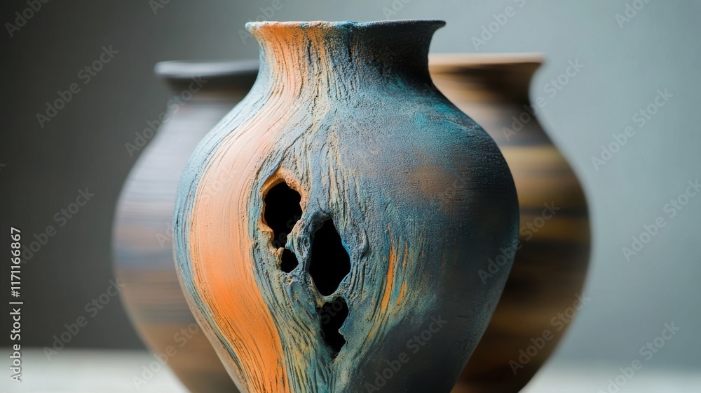 Poster unique handcrafted pottery with intricate designs displayed on a simple background in a cozy artisan