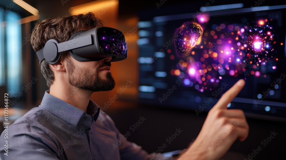 Poster man wearing virtual reality goggles interacts with digital display, exploring futuristic technology 