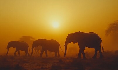 Elephants walking in dusty sunset, African savanna wildlife