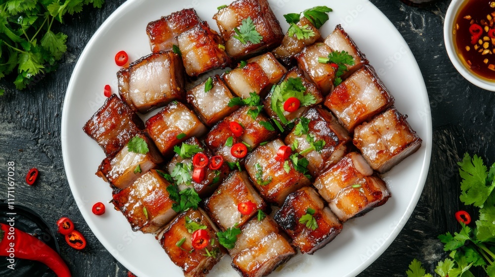 Poster a top-down view of crispy pork belly on a white plate, garnished with coriander and chili peppers, r