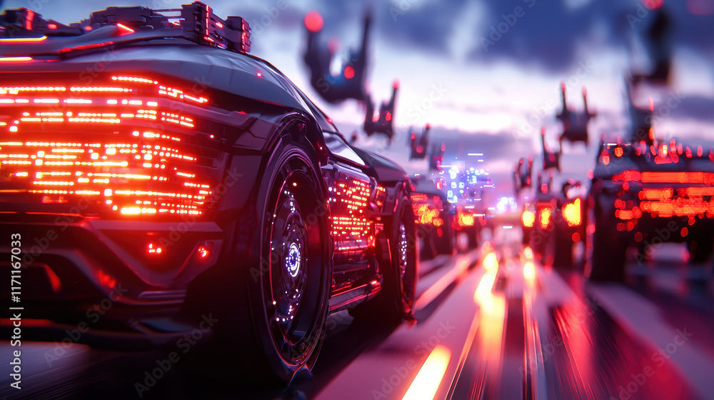 Aufkleber futuristic scene featuring autonomous vehicles with glowing lights on highway, showcasing advanced t