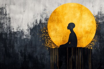 A haunting Klimt-style composition of a shadowy figure, with golden patterns radiating from its form in an eerie, dark setting