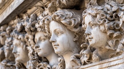 Obraz premium Close-up of ornate stone carvings depicting human faces, showcasing intricate details.
