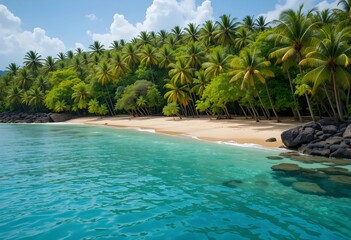 Serene beaches with crystal-clear waters framed by palm trees