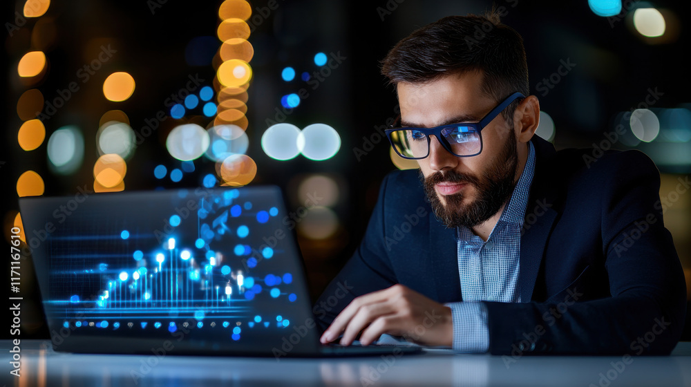 Leinwandbilder professional man working on laptop in modern workspace, illuminated by city lights. screen displays 