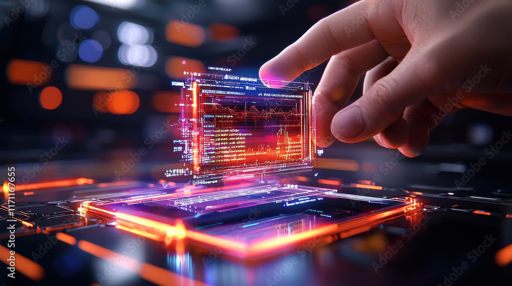 Poster hand interacting with holographic screen displaying data and graphs in futuristic workspace. vibrant colors and advanced technology create immersive atmosphere