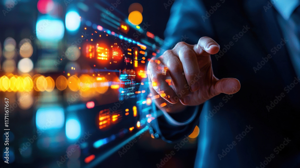 Poster person interacting with futuristic digital interface, showcasing augmented reality technology and data visualization. scene is vibrant and high tech, emphasizing innovation and connectivity