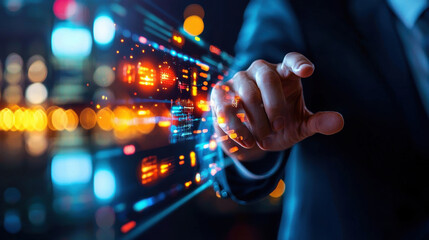 person interacting with futuristic digital interface, showcasing augmented reality technology and data visualization. scene is vibrant and high tech, emphasizing innovation and connectivity