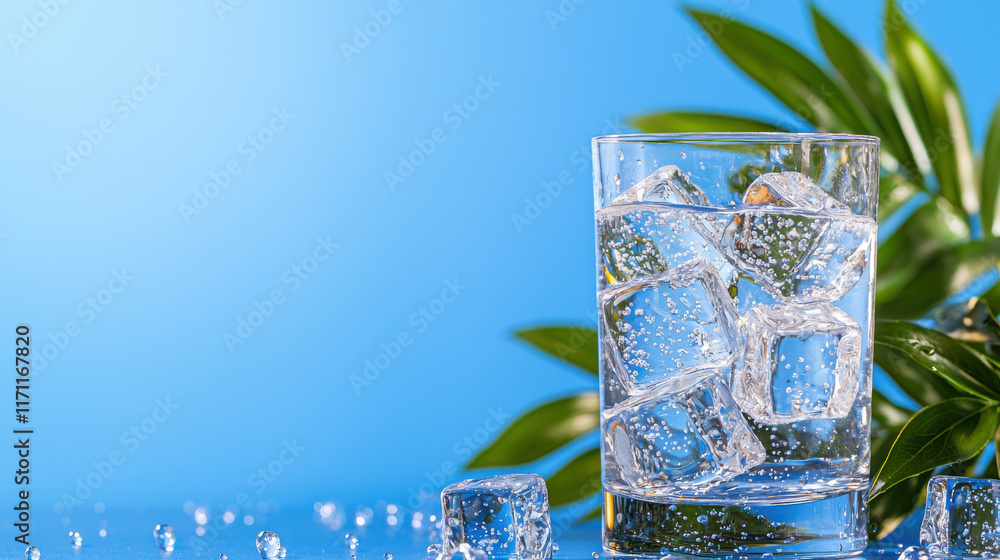 Poster refreshing glass of water with ice cubes, surrounded by greenery, evokes sense of coolness and hydra