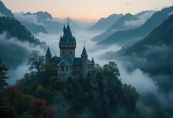 An ancient castle surrounded by misty mountains at dawn