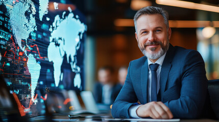 professional man in suit smiles confidently at global business conference, with digital world map and financial data in background, showcasing modern corporate environment