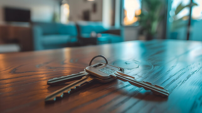 Clé posée sur une table en bois dans un intérieur flou.