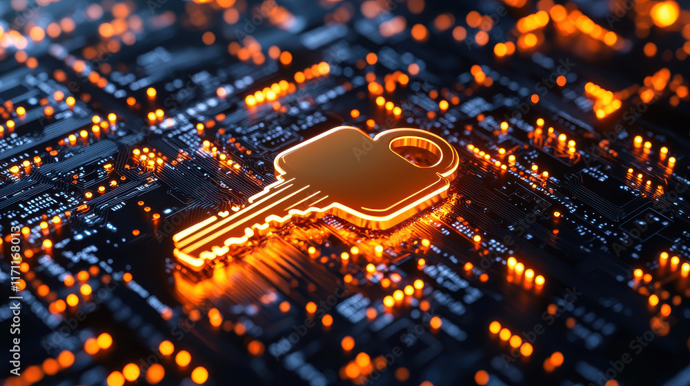 Aufkleber glowing key floating over digital interface, symbolizing security and technology. vibrant orange highlights contrast with dark background, creating futuristic feel