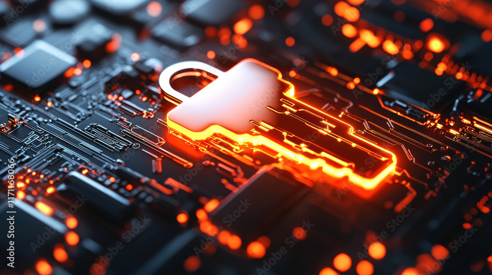 Aufkleber glowing key symbolizing digital security over circuit board background, representing technology and protection in digital age