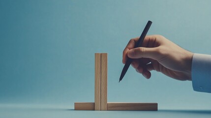 A hand holding a pen above wooden blocks, suggesting creativity or design in progress.